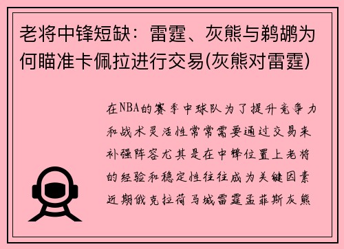 老将中锋短缺：雷霆、灰熊与鹈鹕为何瞄准卡佩拉进行交易(灰熊对雷霆)