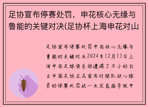 足协宣布停赛处罚，申花核心无缘与鲁能的关键对决(足协杯上海申花对山东鲁能)