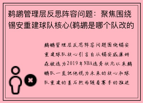 鹈鹕管理层反思阵容问题：聚焦围绕锡安重建球队核心(鹈鹕是哪个队改的)