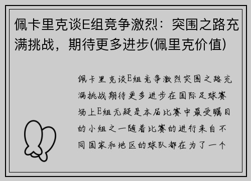 佩卡里克谈E组竞争激烈：突围之路充满挑战，期待更多进步(佩里克价值)