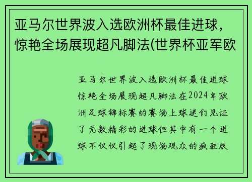 亚马尔世界波入选欧洲杯最佳进球，惊艳全场展现超凡脚法(世界杯亚军欧洲杯出局)