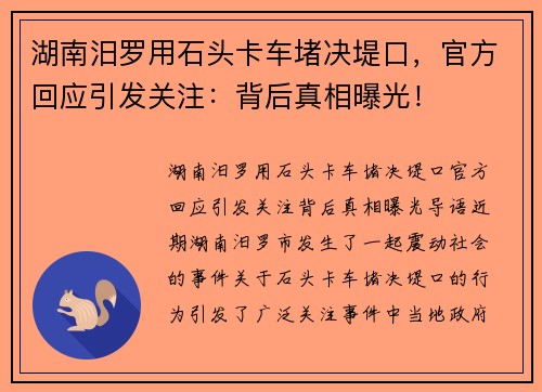 湖南汨罗用石头卡车堵决堤口，官方回应引发关注：背后真相曝光！