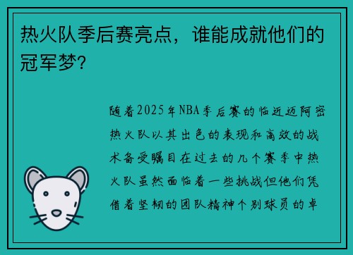 热火队季后赛亮点，谁能成就他们的冠军梦？