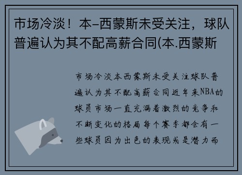 市场冷淡！本-西蒙斯未受关注，球队普遍认为其不配高薪合同(本.西蒙斯)