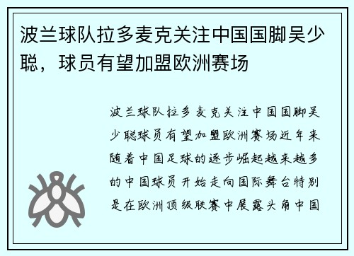 波兰球队拉多麦克关注中国国脚吴少聪，球员有望加盟欧洲赛场