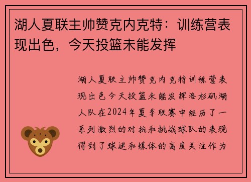湖人夏联主帅赞克内克特：训练营表现出色，今天投篮未能发挥