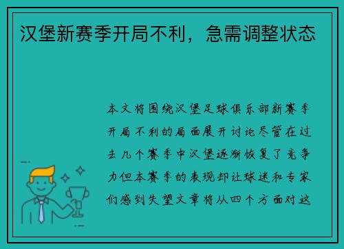 汉堡新赛季开局不利，急需调整状态